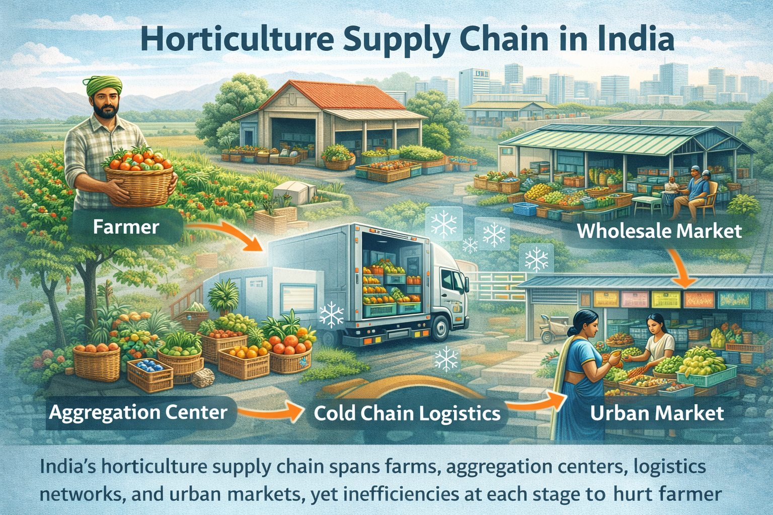 Horticulture supply chain in India showing movement of fruits and vegetables from farms to markets