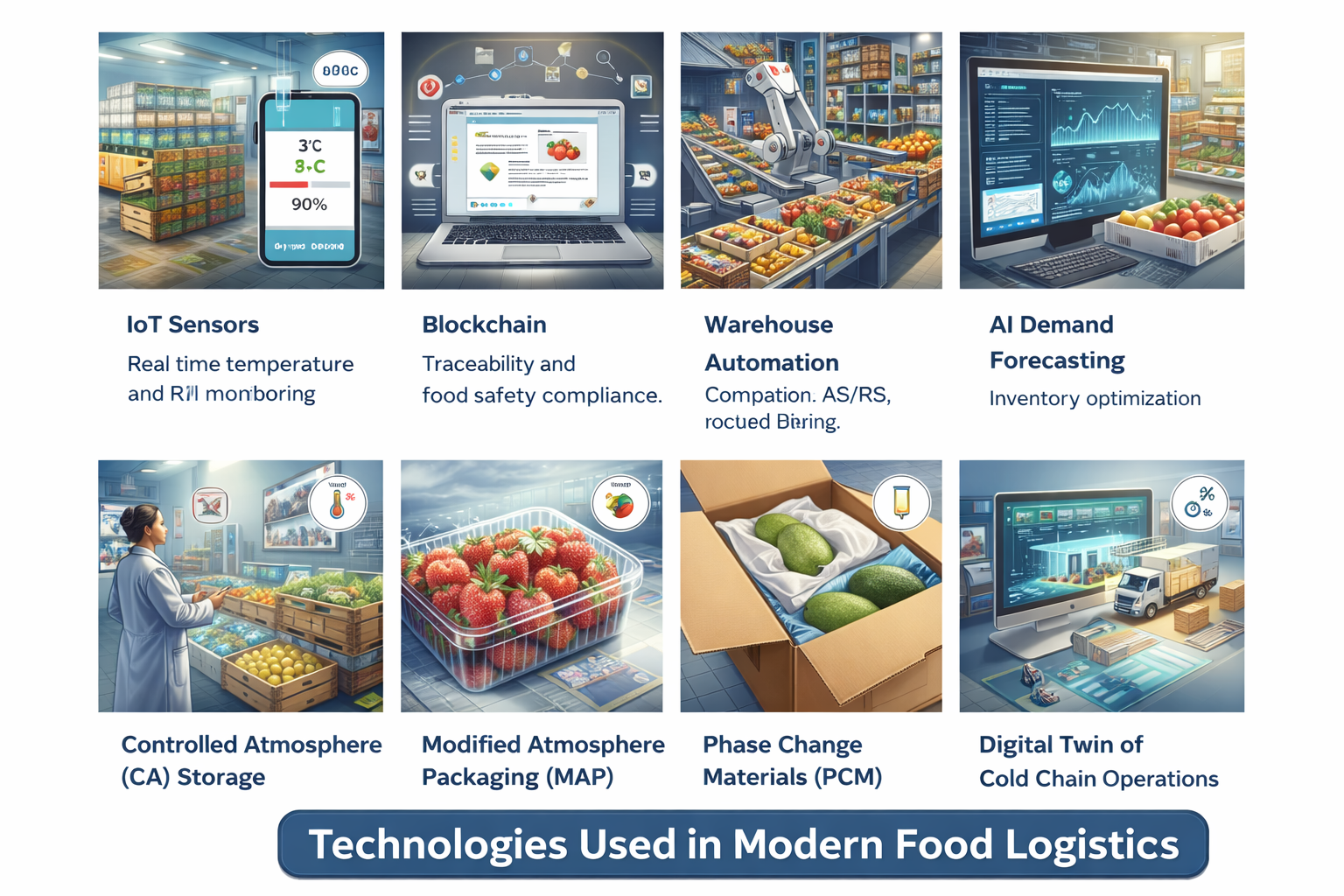 Modern food logistics technologies including IoT sensors, blockchain traceability, warehouse automation, AI demand forecasting, controlled atmosphere storage, modified atmosphere packaging, phase change materials, and digital twin of cold chain operations
