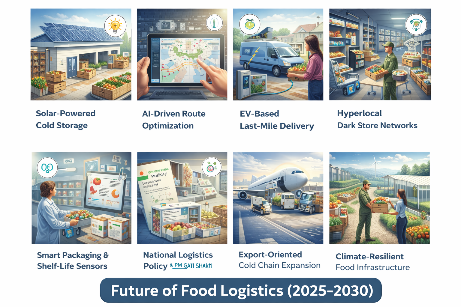 Future food logistics ecosystem showing solar-powered cold storage, AI route optimization, EV last-mile delivery, hyperlocal dark stores, smart packaging sensors, national logistics policy integration, export cold chain, and climate-resilient infrastructure
