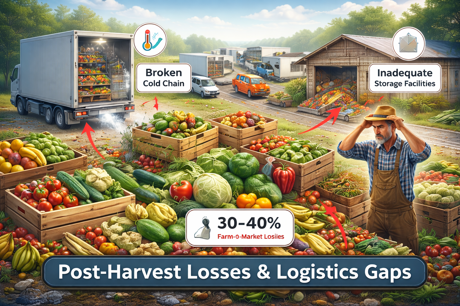 Post-harvest losses of fruits and vegetables caused by broken cold chain, inadequate storage, and poor transportation infrastructure