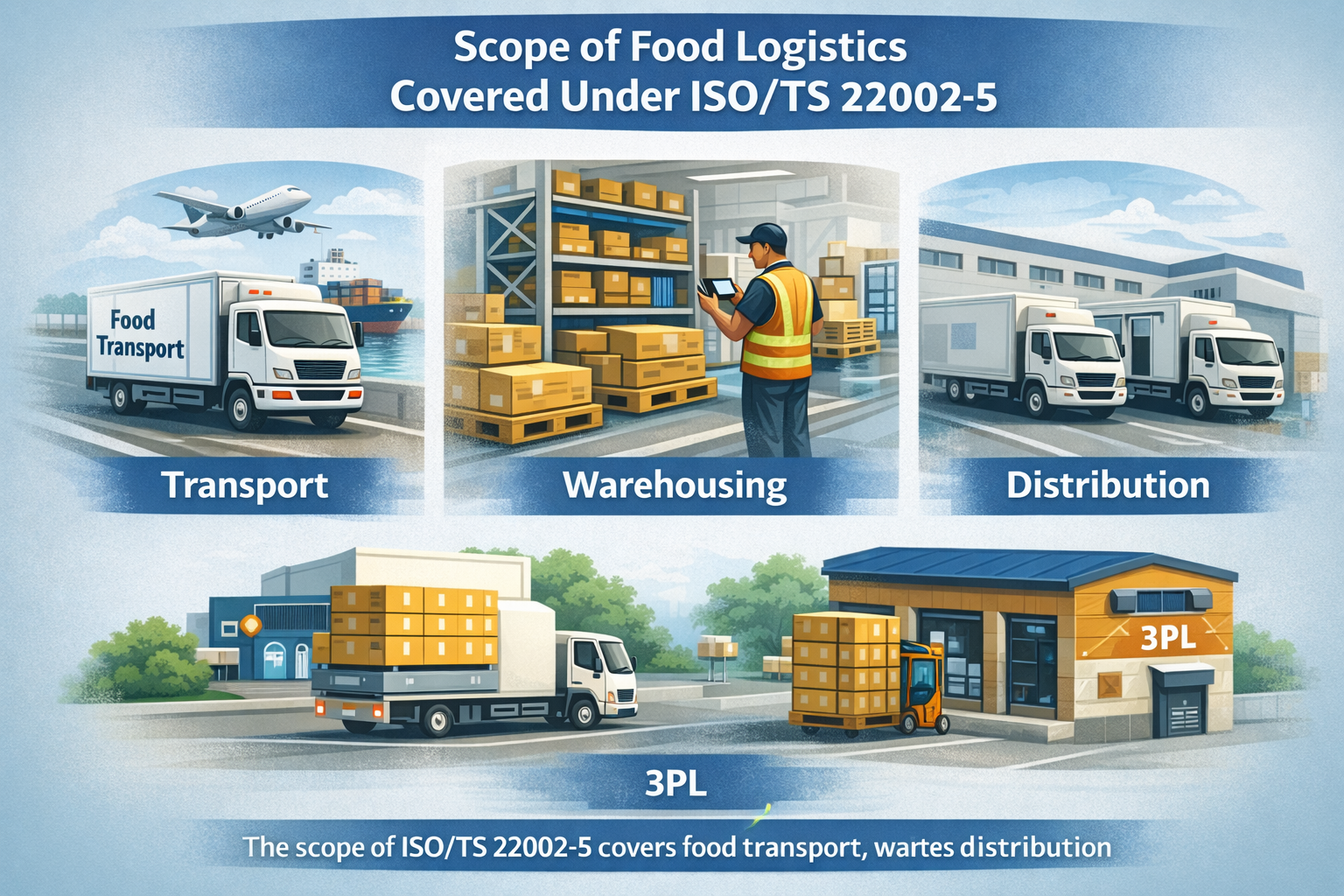 Scope of food logistics covered under ISO/TS 22002-5 including transport, warehousing and distribution