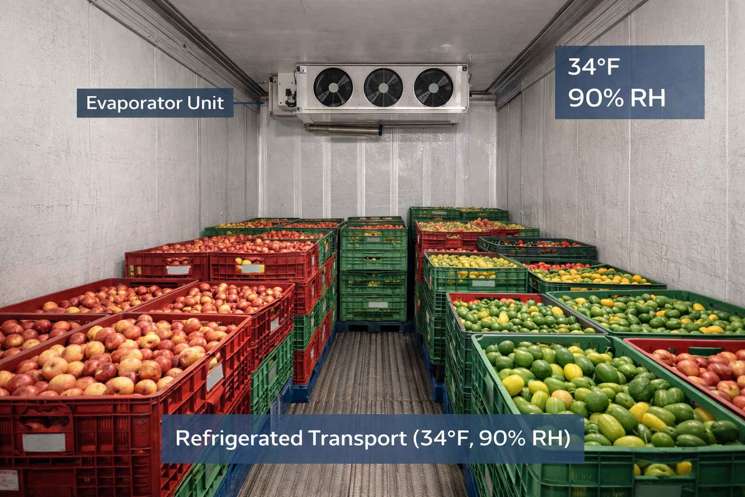 Refrigerated transport maintaining temperature and relative humidity for cold chain distribution of fresh fruits and vegetables