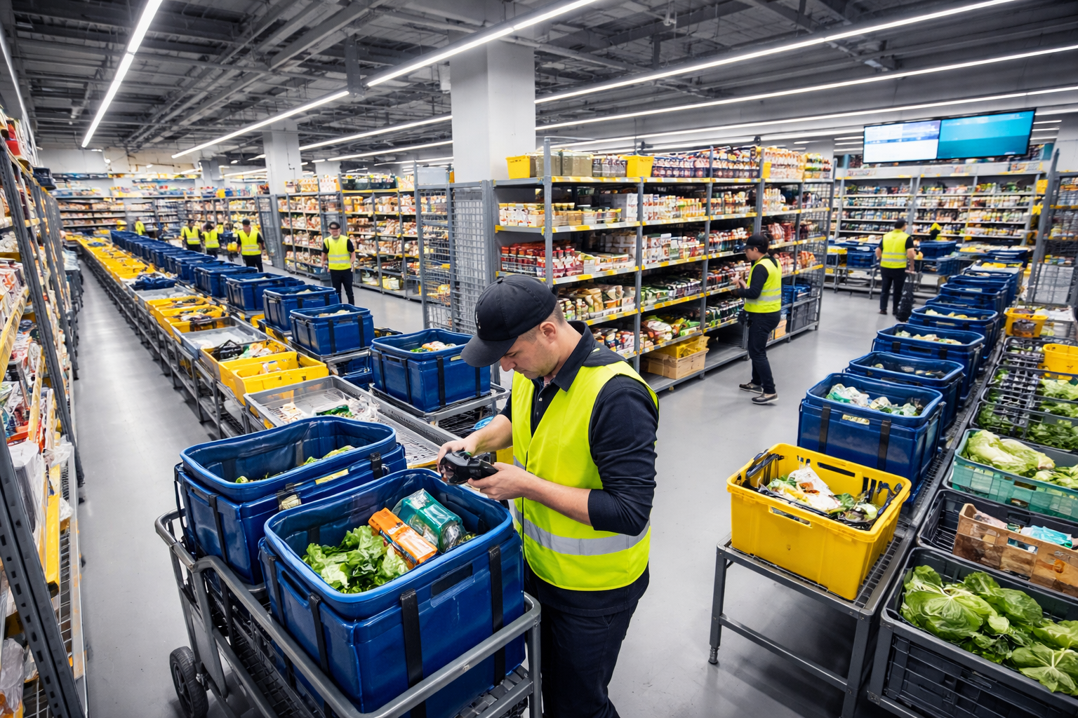 Dark store micro-fulfilment center with workers picking grocery orders for 10-minute quick commerce delivery
