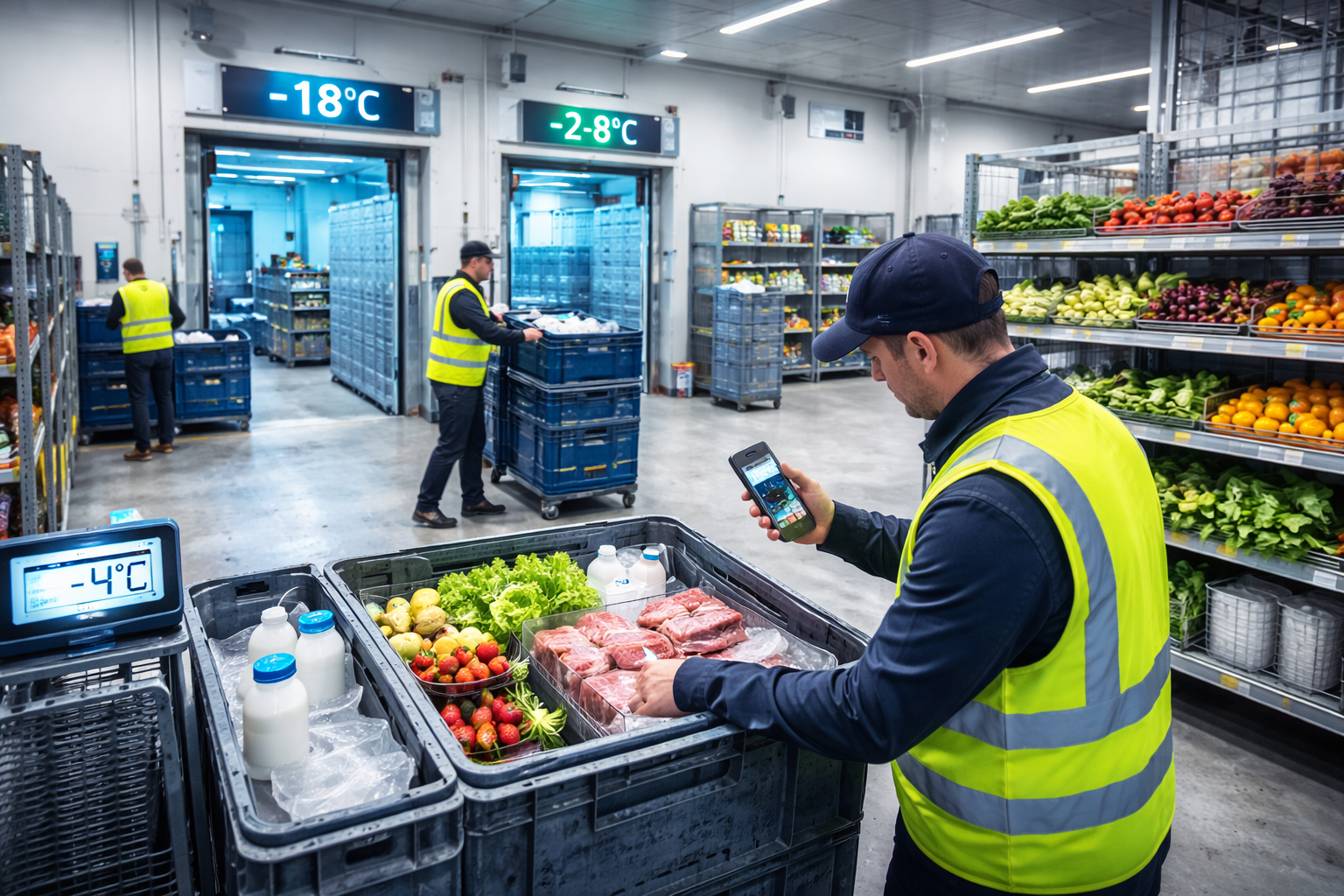 Cold chain logistics inside a temperature-controlled warehouse showing chilled and frozen food handling for quick commerce delivery