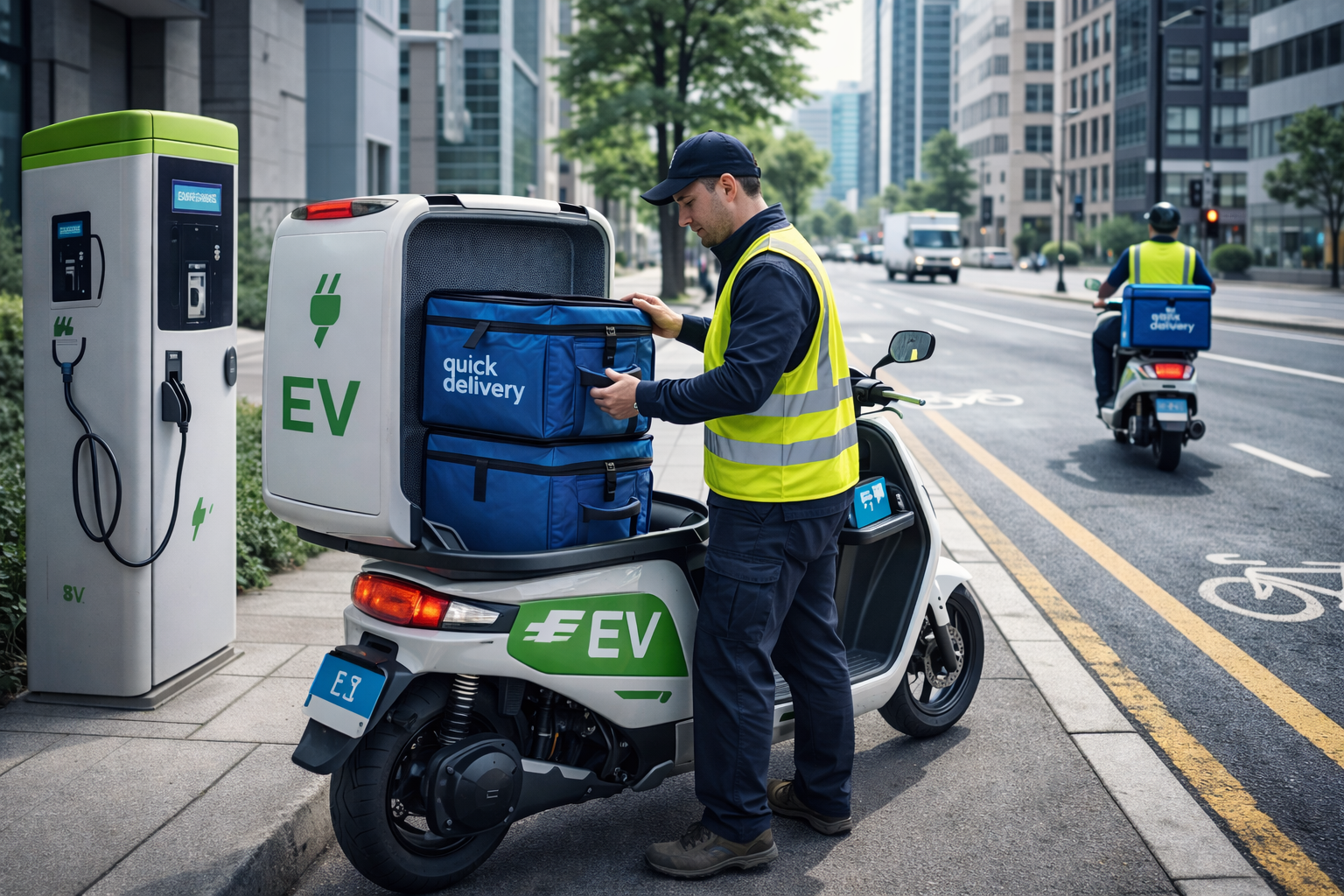 Electric scooter used for last-mile delivery in urban quick commerce with EV charging infrastructure