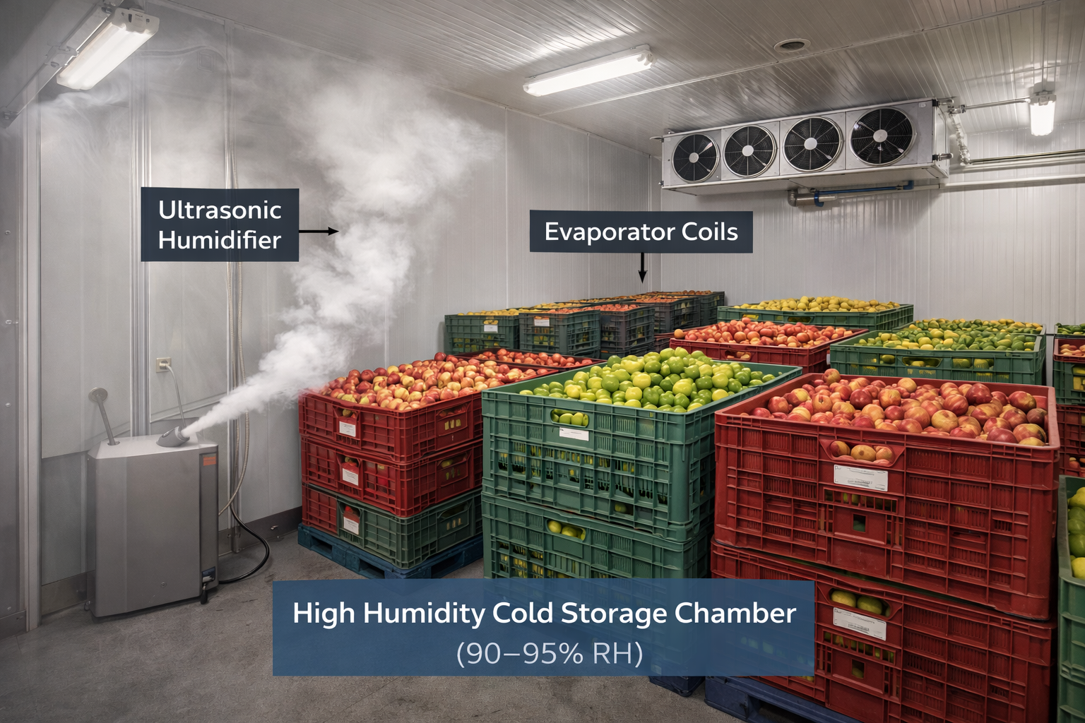 High relative humidity cold storage chamber with ultrasonic humidifier and evaporator coils for post-harvest preservation of fruits and vegetables